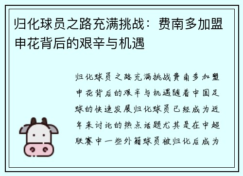 归化球员之路充满挑战：费南多加盟申花背后的艰辛与机遇